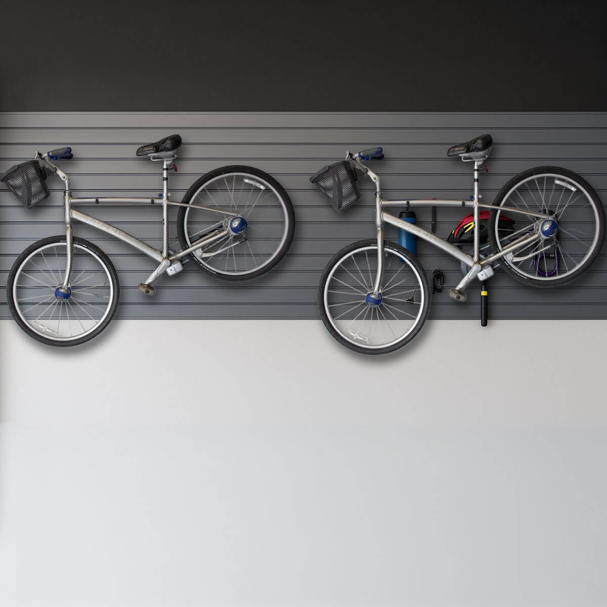 Slatwall Horizontal Bike Rack, 2-Pack, displaying bikes securely mounted on slatwall accessories.