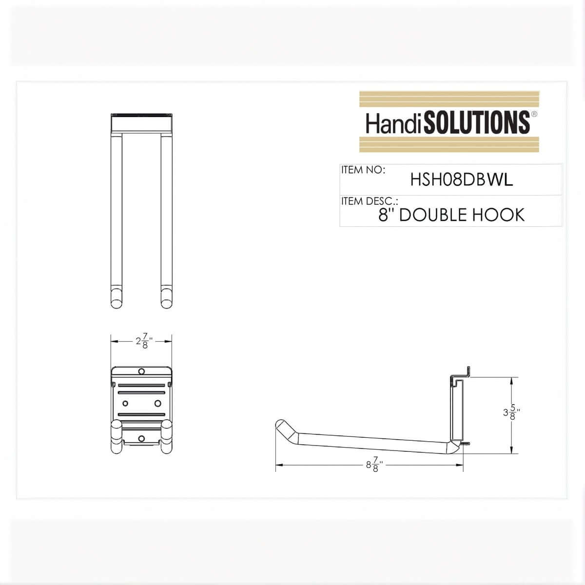 Slatwall Garden Storage 8" double hook technical drawing showing front, top, and side views with dimensions
