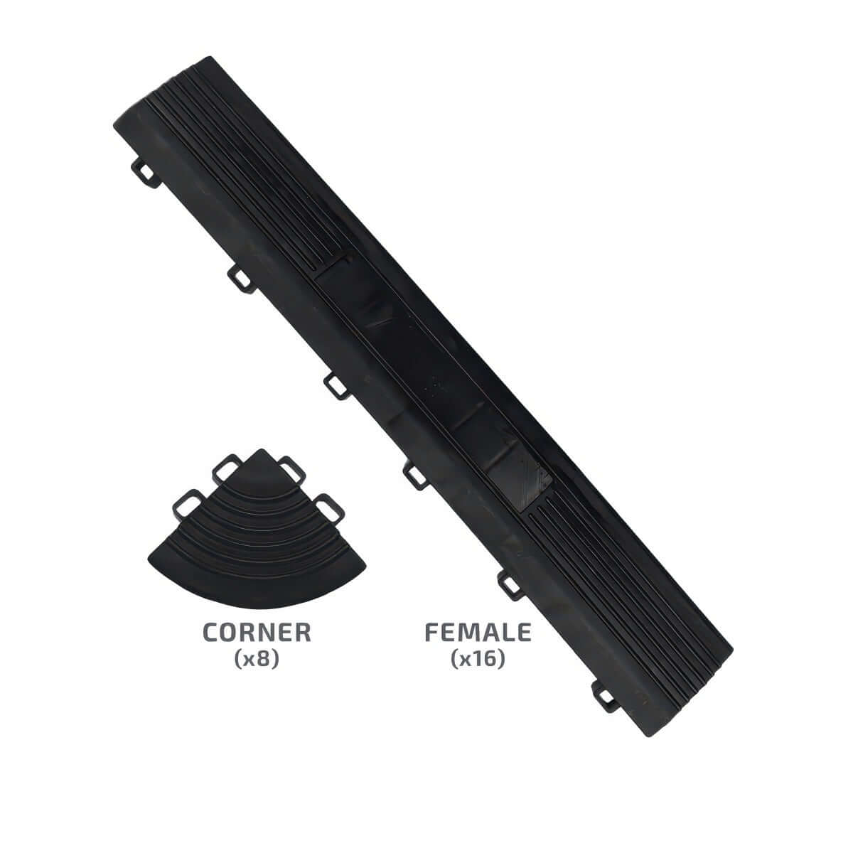 Garage Flooring edge and corner trim kit showing black female ramp strips (x16) and rounded corner pieces (x8)