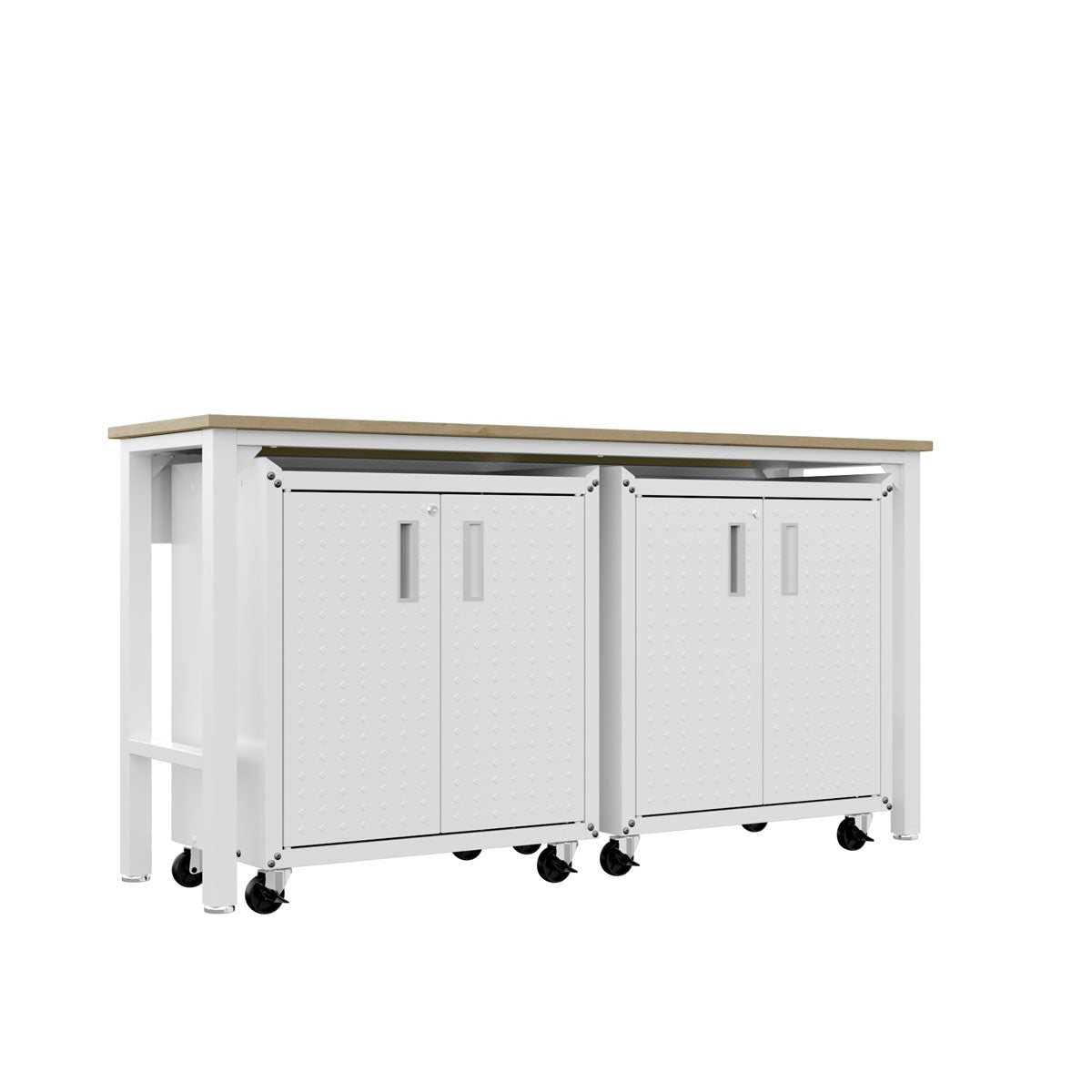 Garage Cabinet Sets with white rolling storage units, diamond-pattern doors, wood-top workbench, and 2 shelves per cabinet__White