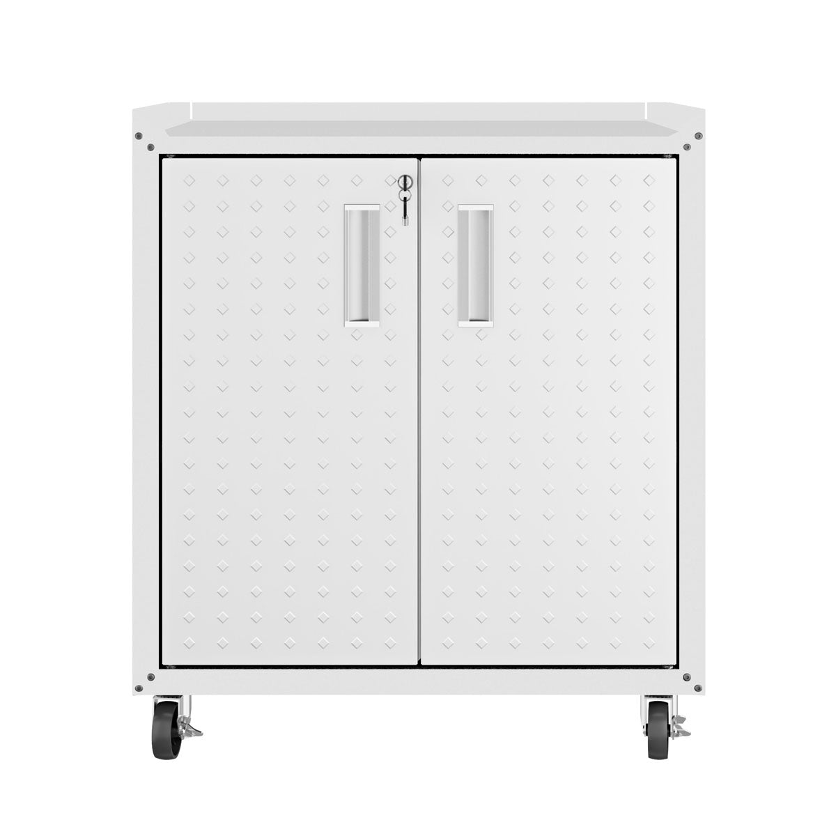 MidHeight Cabinet white rolling garage storage unit with diamond-plate doors, locking handles, and heavy-duty casters__White