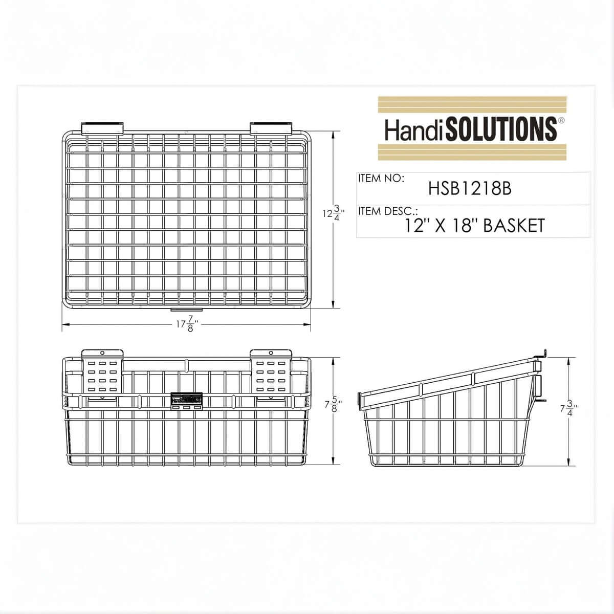 Slatwall Baskets technical drawing showing HSB1218B dimensions: 17"W x 12"H x 7"D wire basket