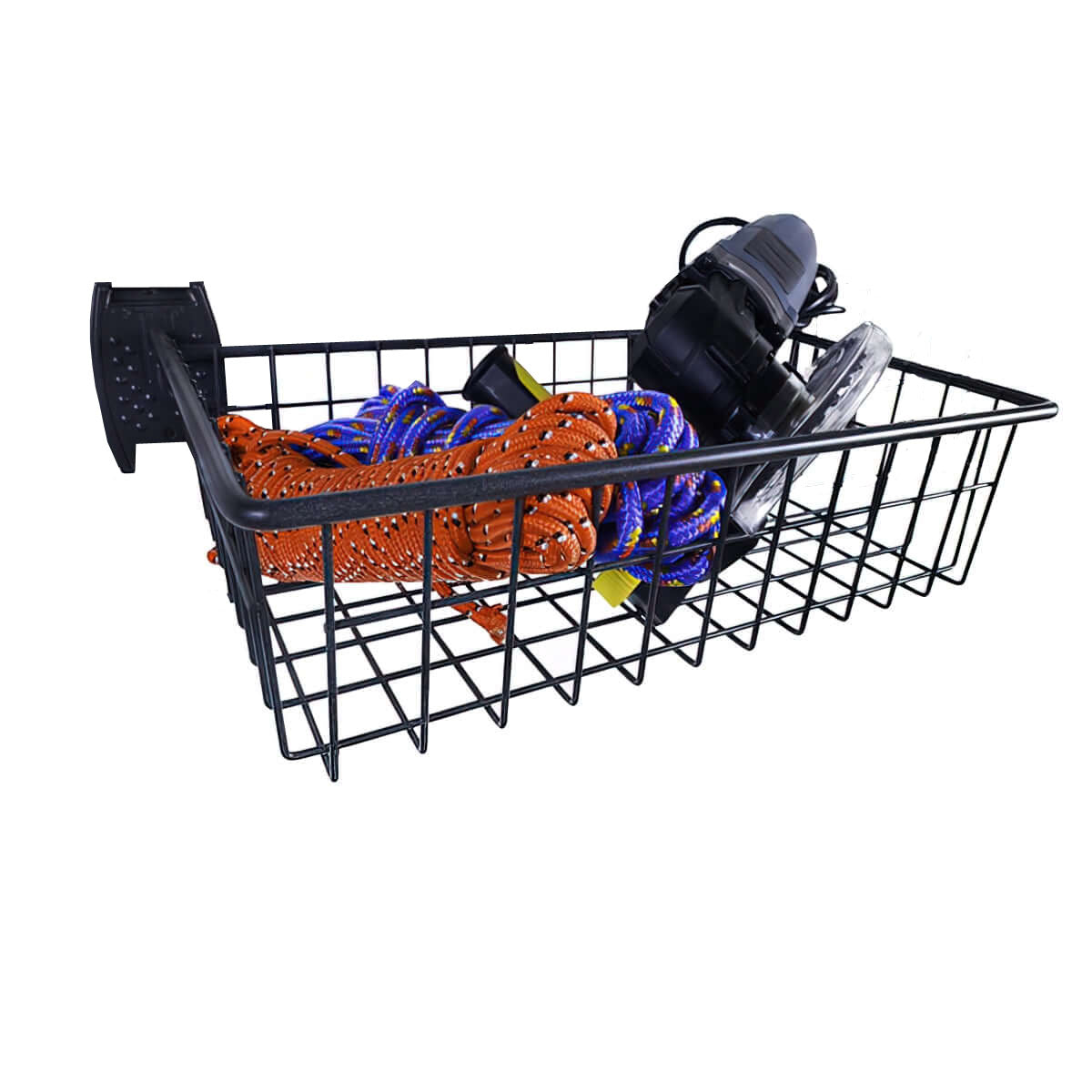 Slatwall Baskets wire shelf holding coiled ropes and power tools, wall-mounted black metal garage storage organizer