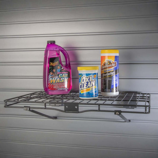 Slatwall Shelves 14x24 inch wire shelf mounted on garage wall holding car wash soap, OxiClean, and Armor All wipes