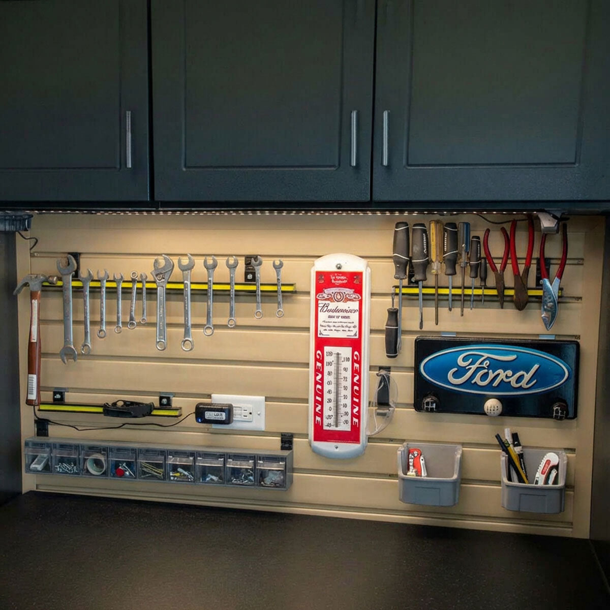 Slatwall Panels organizing a garage workshop with wrenches, screwdrivers, bins, and Ford dacor on cream slotted wall boards__Beachwood