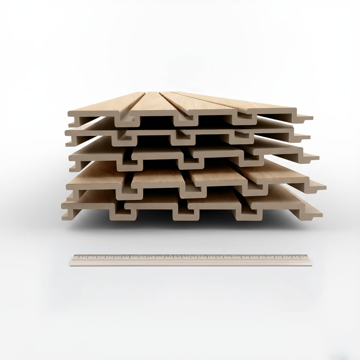 Slatwall Panels stacked in a bundle, showing tongue-and-groove interlocking edges, wood finish, with ruler for scale__Beachwood