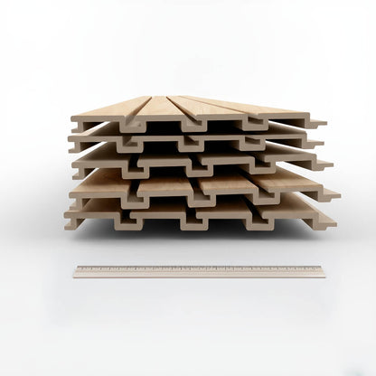 Slatwall Panels stacked in a bundle, showing tongue-and-groove interlocking edges, wood finish, with ruler for scale__Beachwood