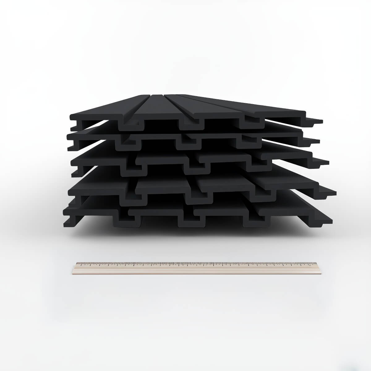 Slatwall Panels stacked set of black interlocking 12" width PVC boards shown with ruler for scale__Black