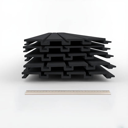 Slatwall Panels stacked set of black interlocking 12" width PVC boards shown with ruler for scale__Black