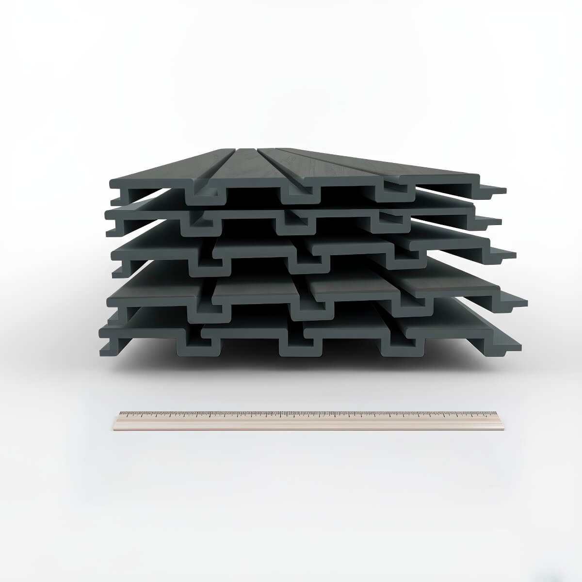 Slatwall Panels stacked in a bundle, driftwood gray finish, interlocking 12" wide boards shown beside a ruler for scale__DriftwoodSlate