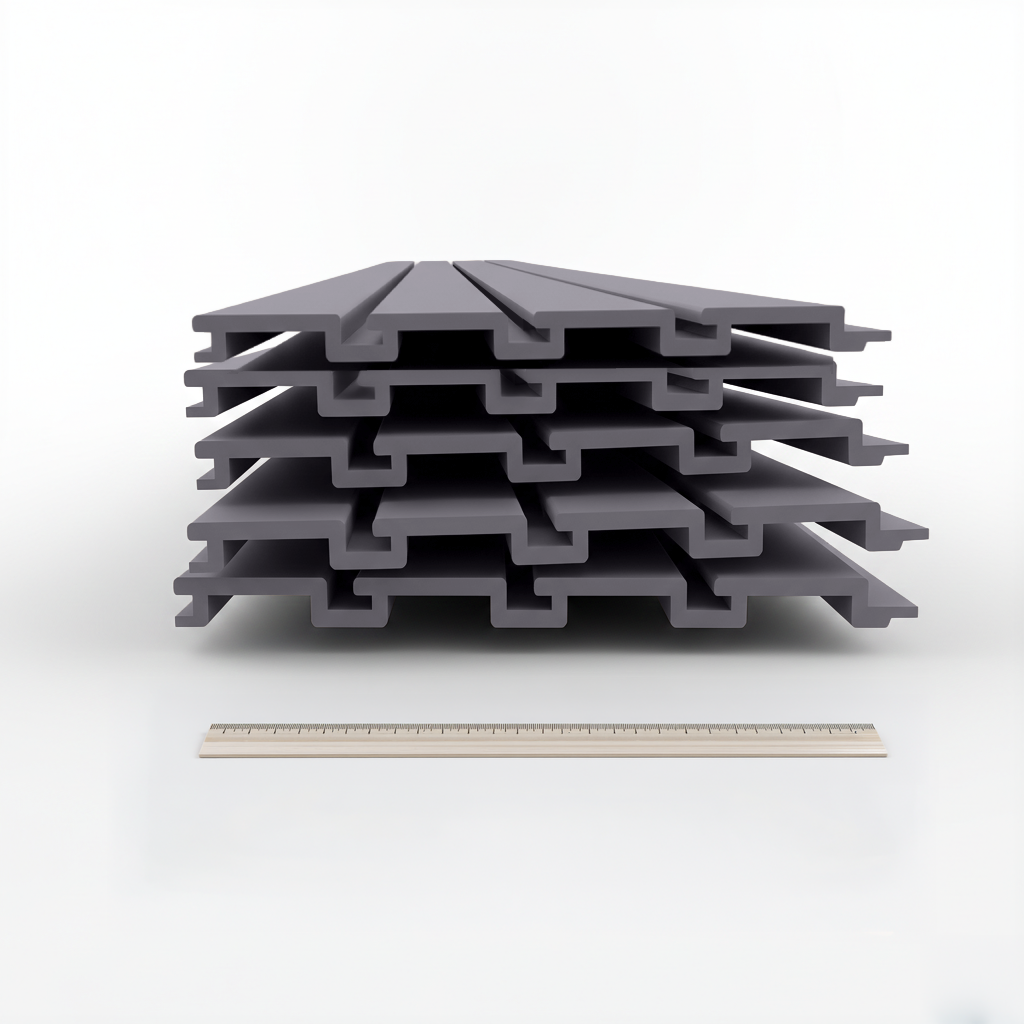 Slatwall Panels stacked in a set of 8, gray 12" x 4' interlocking boards shown with ruler for scale
