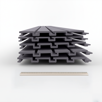 Slatwall Panels stacked in a set of 8, gray 12" x 4' interlocking boards shown with ruler for scale