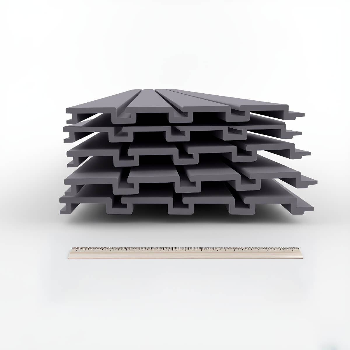 Slatwall Panels stacked in a set, gray interlocking 12"wide boards shown with ruler for scale__Gray