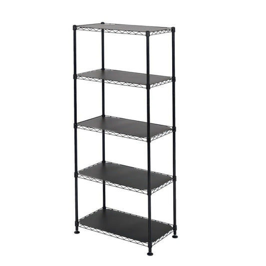 Wire Rack Shelving unit with 5 tiers, black steel frame, solid shelf liners, adjustable feet, 14x24x60 inches