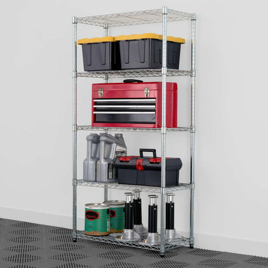 Wire Rack Shelving unit organizing garage tools, toolboxes, oil jugs, paint cans, and jack stands across 5 sturdy chrome tiers