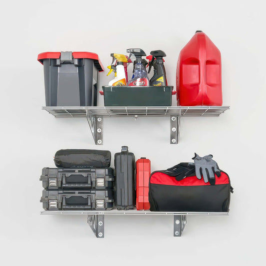 Garage Wall Shelving holding car care supplies, gas can, tool cases, and a duffel bag, 18x36 inch 2-pack with hooks
