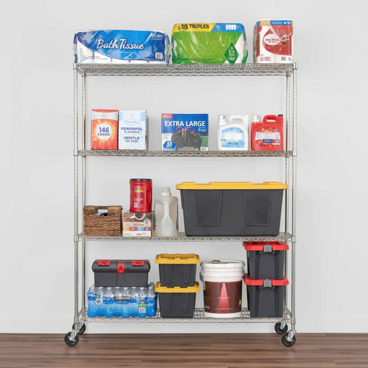 Wire Rack Shelving unit on wheels holding bath tissue, laundry detergent, storage bins, and household supplies in garage