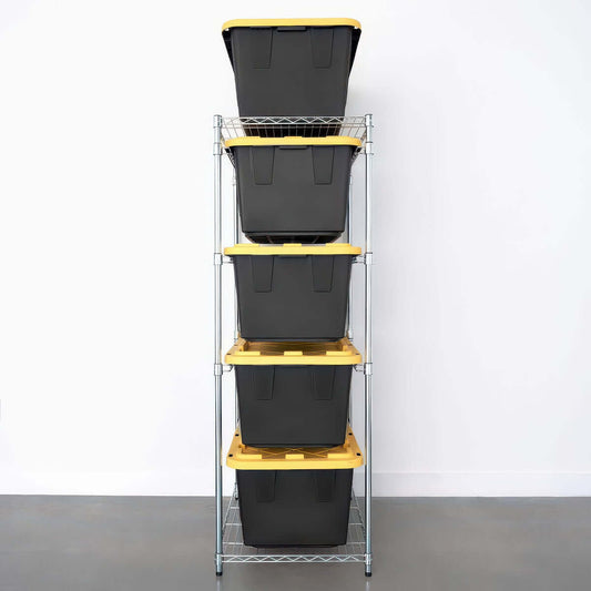 Wire Rack Shelving unit with 4 black and yellow storage bins stacked vertically for organized garage storage