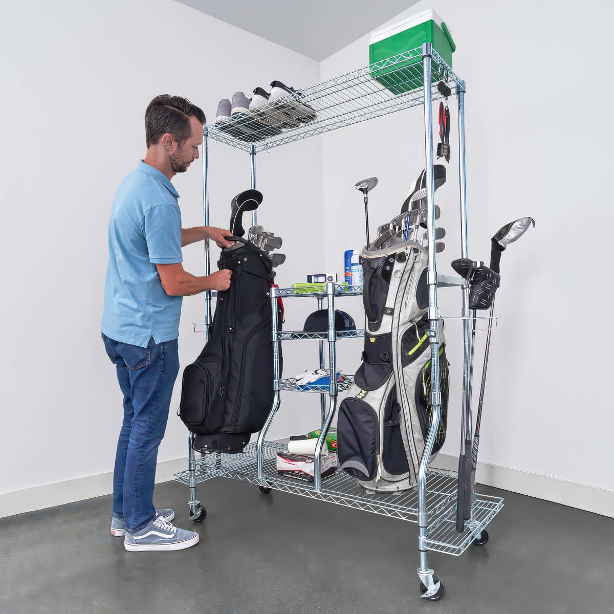 Deluxe Golf Bag Garage Shelving Rack | SafeRacks – Serious Garages