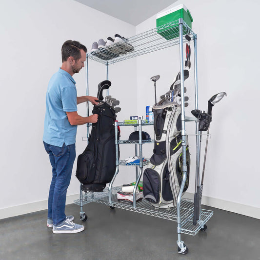 Wire Rack Shelving golf storage organizer holding two bags, clubs, shoes, and accessories in a garage corner
