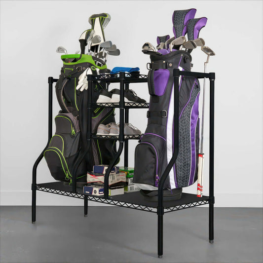 Wire Rack Shelving golf bag storage organizer holding two full club sets, shoes, gloves, and golf balls in garage