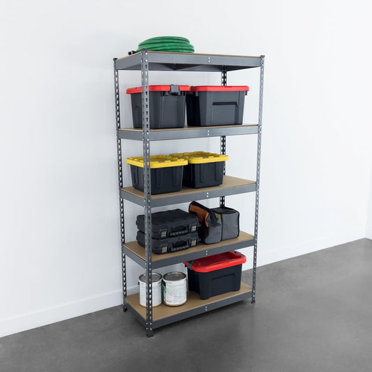 Heavy Duty Garage Shelving, 18"X36"X72" organizing tools, equipment, and storage bins.