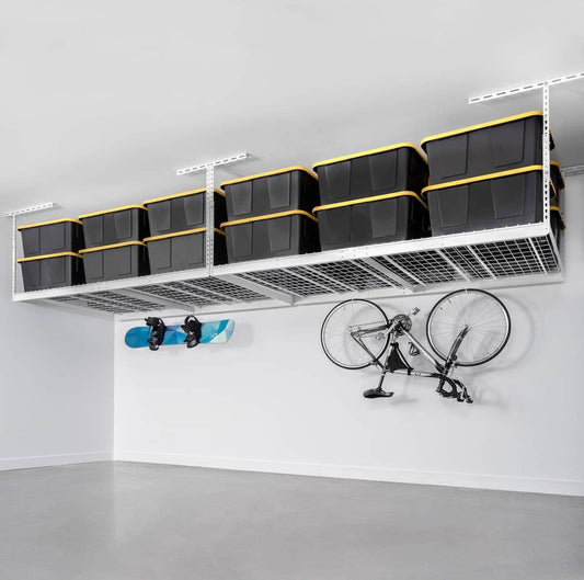 Garage Ceiling Storage Racks, 4'X8', 2 Pack holding storage bins in a garage with bikes and snowboards.