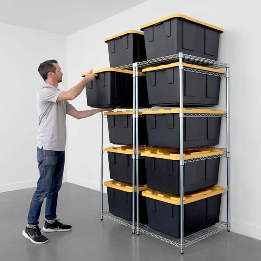Wire Rack Shelving 2-pack holding large black storage bins in a garage, man loading totes onto chrome metal shelves