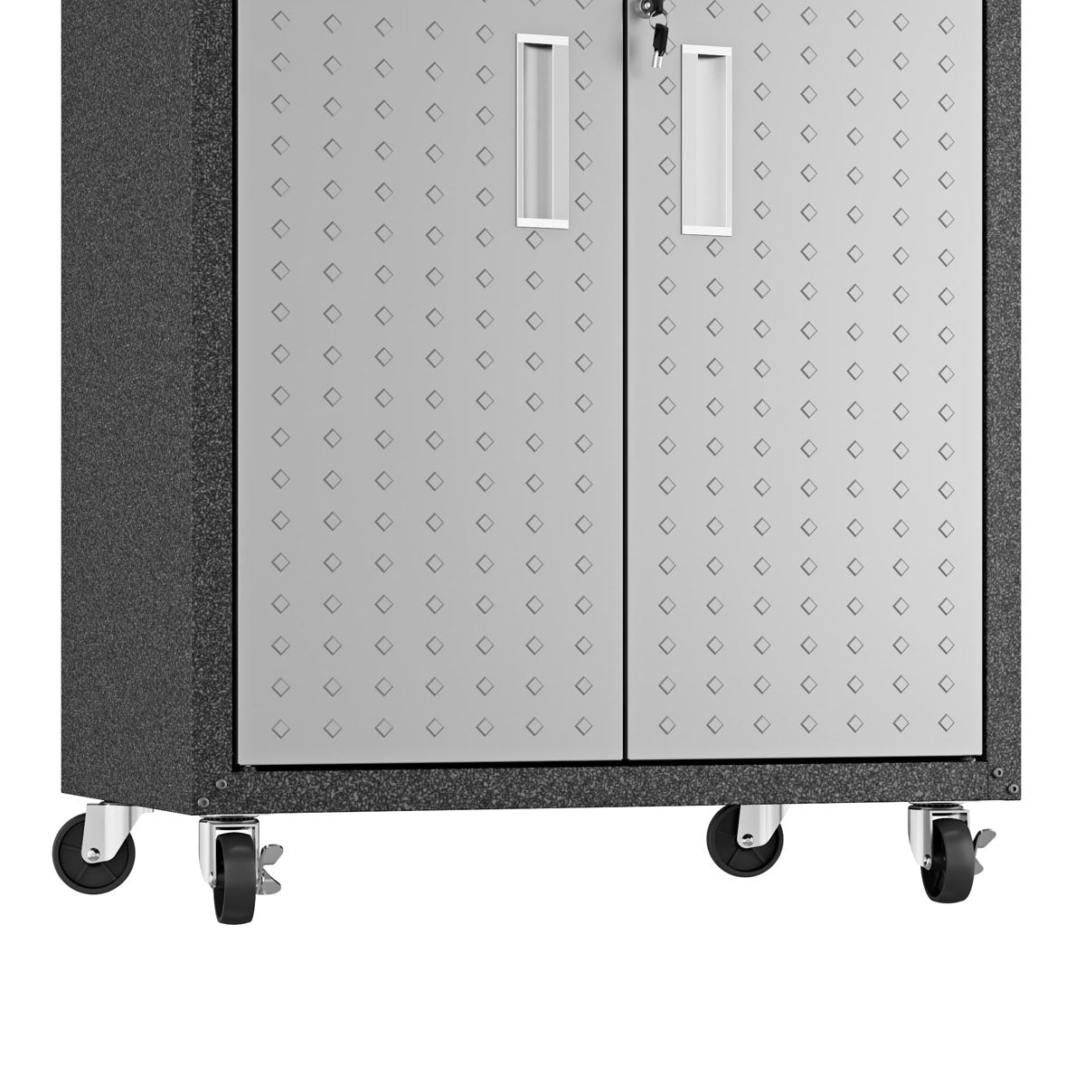 Garage Cabinet Sets with locking double doors, diamond-pattern steel doors, and locking caster wheels for mobility__Darkgray