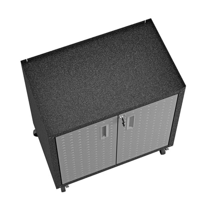 Garage Cabinet Sets 3-piece steel storage system with locking double doors and textured top surface__Darkgray