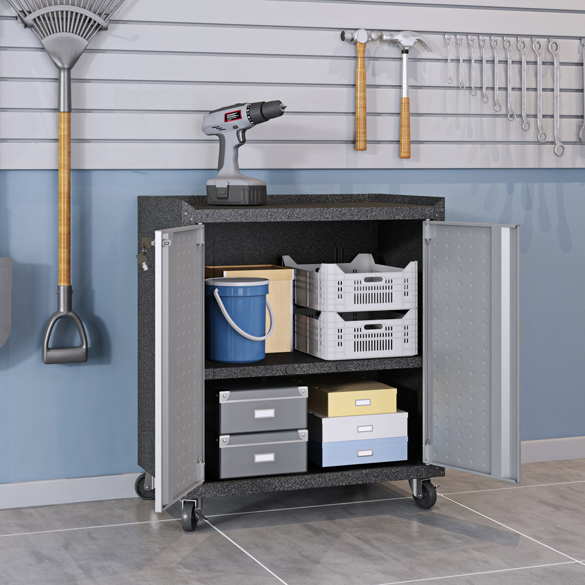 Garage Cabinet Sets on wheels with open doors revealing shelves holding bins, boxes, and tools in an organized garage__Darkgray