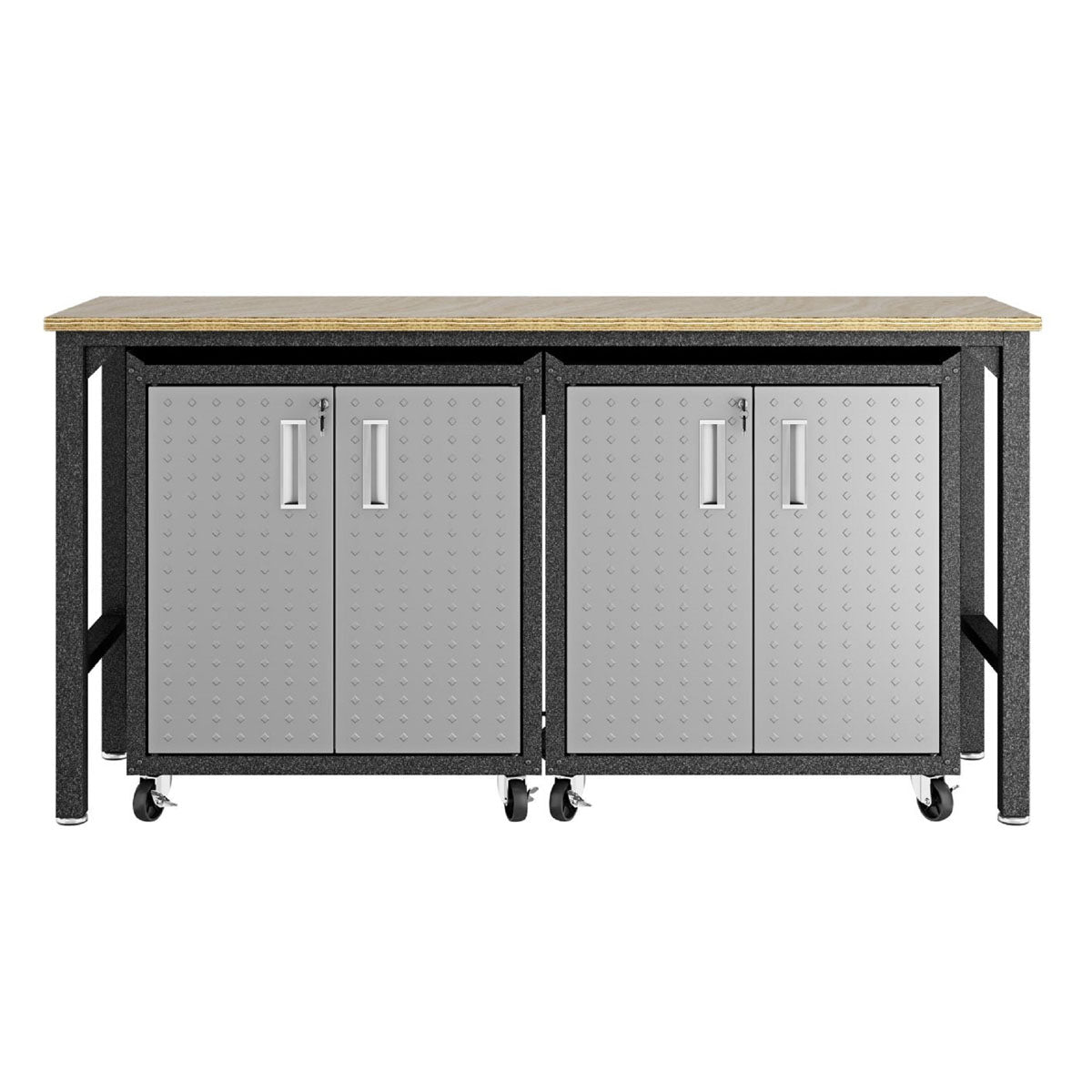 Garage Cabinet Sets with workbench top, 4 silver doors, diamond plate finish, and locking wheels for secure mobile storage__Darkgray