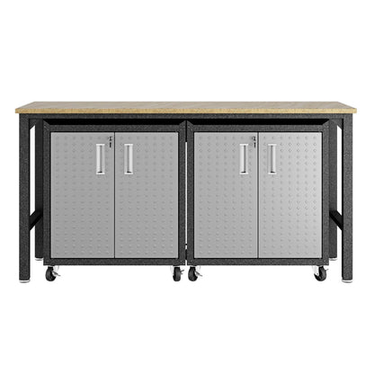 Garage Cabinet Sets with workbench top, 4 silver doors, diamond plate finish, and locking wheels for secure mobile storage__Darkgray