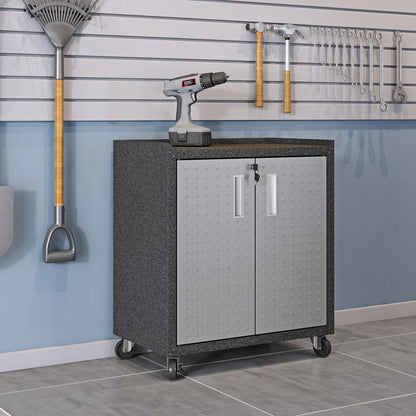 Garage Cabinet Sets on wheels with diamond-plate doors, drill on top, wall-mounted tools in organized garage workspace__Darkgray