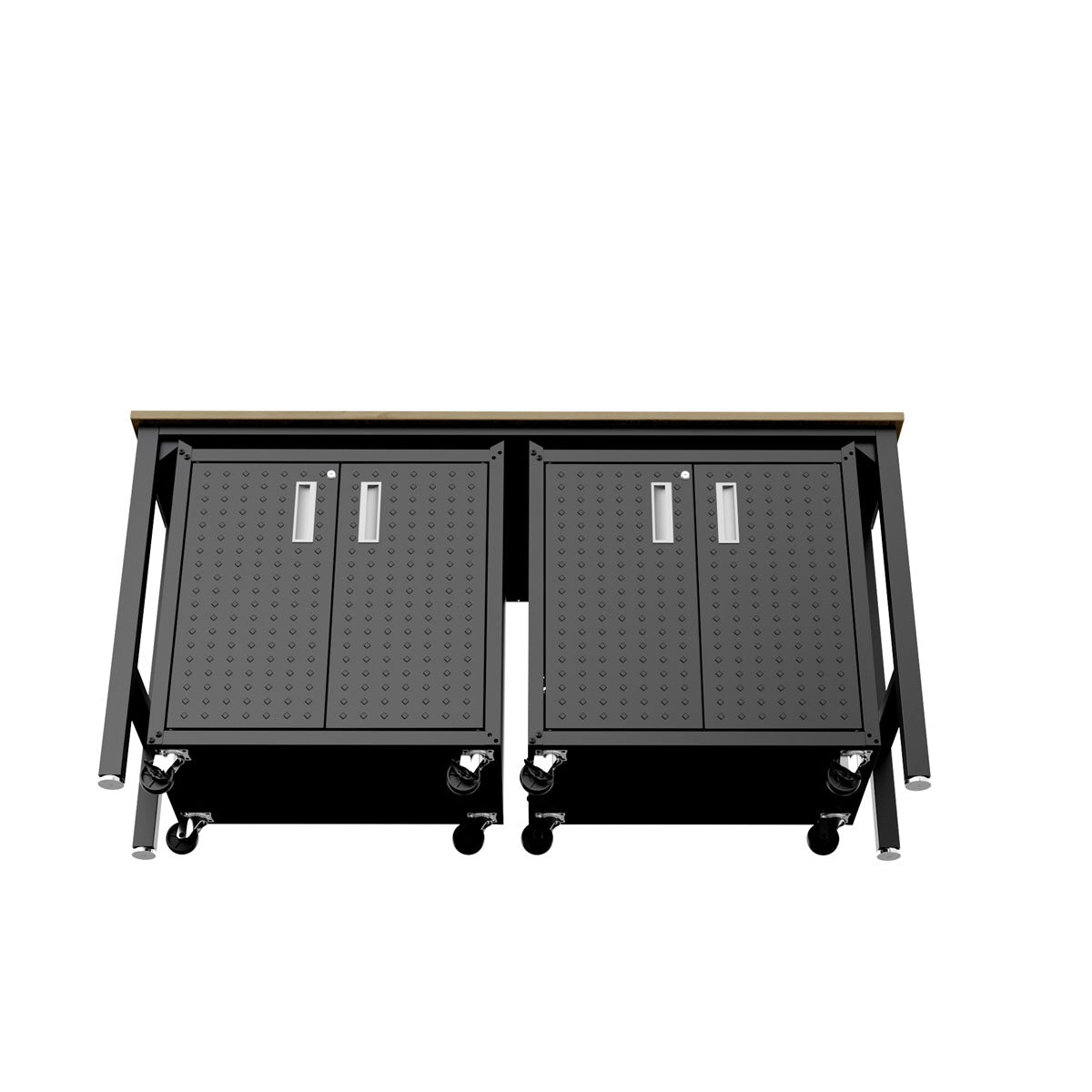 Garage Cabinet Sets with 2 rolling dark gray storage cabinets and a wide workbench top for organized workspace__CharcoalGray