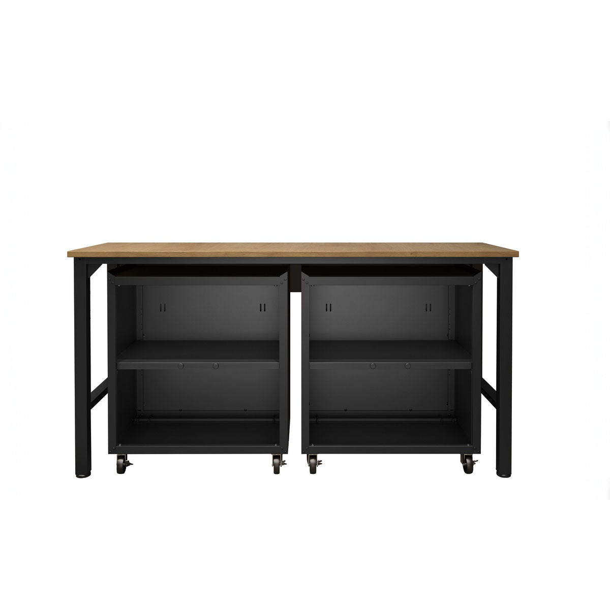 Garage Cabinet Sets with wood-top workbench, 2 open rolling storage cabinets with adjustable shelves, black steel frame__CharcoalGray