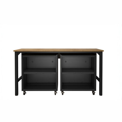 Garage Cabinet Sets with wood-top workbench, 2 open rolling storage cabinets with adjustable shelves, black steel frame__CharcoalGray