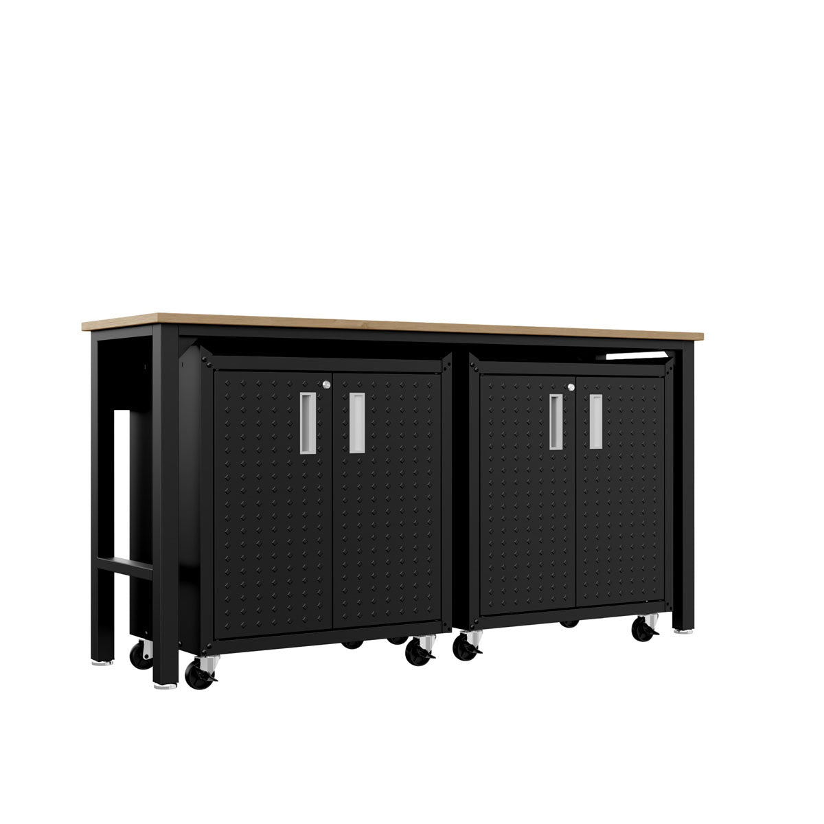 Garage Cabinet Sets with workbench, 2 rolling black steel storage cabinets, diamond-plate doors, and natural wood top__CharcoalGray