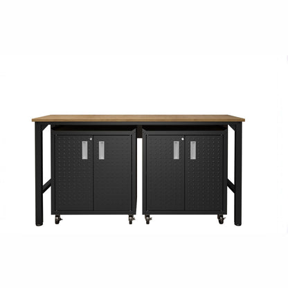 Garage Cabinet Sets with wood workbench top, 2 black metal rolling cabinets on casters, diamond-plate doors__CharcoalGray