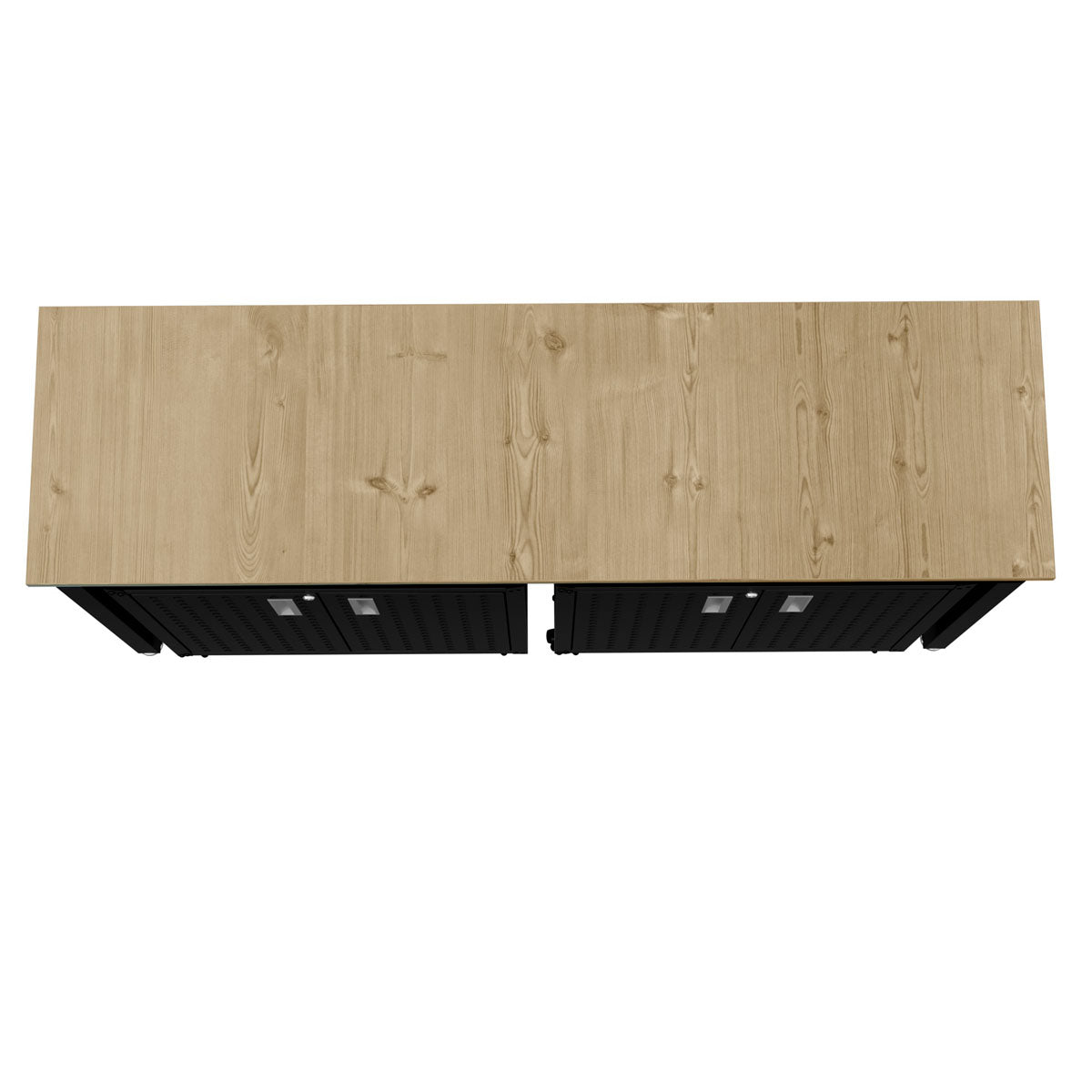 Garage Cabinet Sets with natural wood top surface and black metal base, top-down view of 3-piece storage system__CharcoalGray