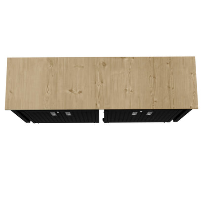 Garage Cabinet Sets with natural wood top surface and black metal base, top-down view of 3-piece storage system__CharcoalGray