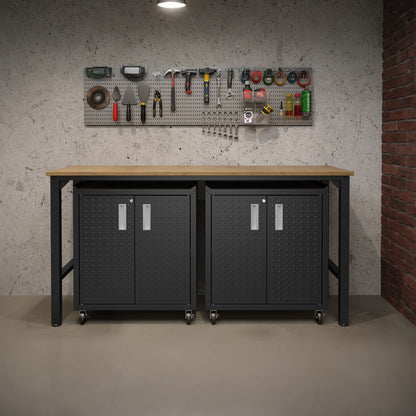 Garage Cabinet Sets with workbench, pegboard tools, black rolling cabinets, and wood tabletop in organized workshop space__CharcoalGray