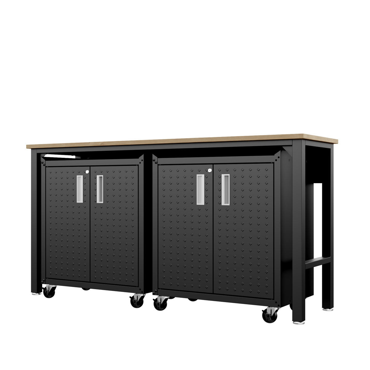 Garage Cabinet Sets with wood top workbench, two black steel rolling cabinets, and open storage shelf on casters__CharcoalGray