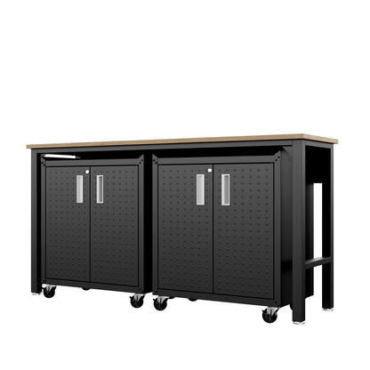 Garage Cabinet Sets with wood top workbench, two black steel rolling cabinets, and open storage shelf on casters__CharcoalGray