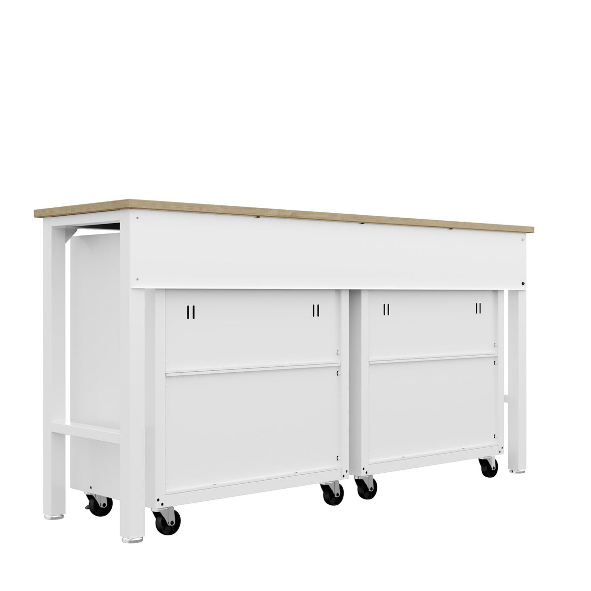 Garage Cabinet Sets with wood-top workbench, 2 rolling white storage cabinets on casters for organized garage workspace__White