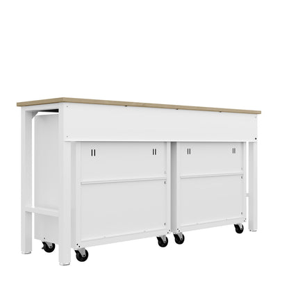 Garage Cabinet Sets with wood-top workbench, 2 rolling white storage cabinets on casters for organized garage workspace__White