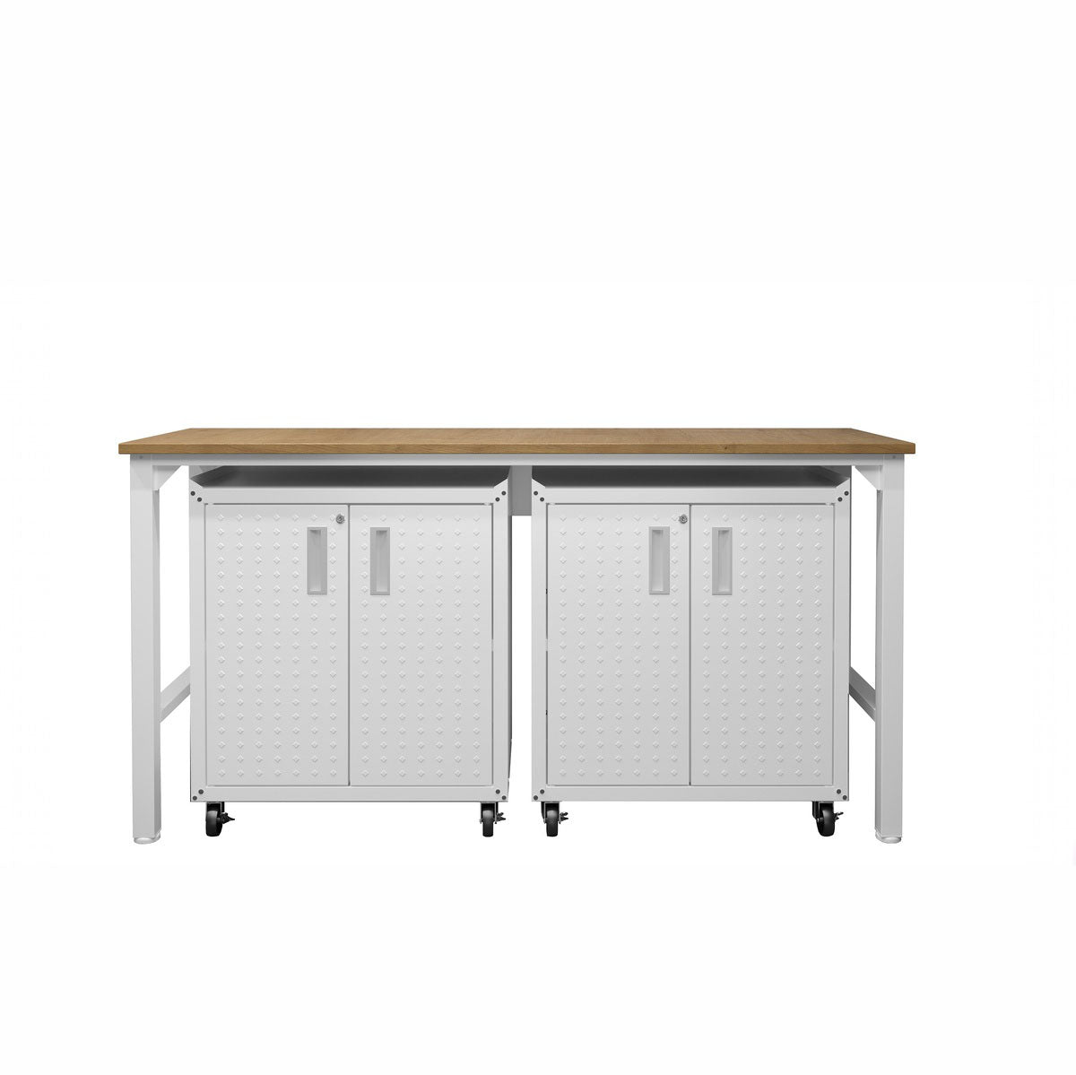 Garage Cabinet Sets with wood-top workbench and 2 white rolling storage cabinets with diamond-textured doors__White
