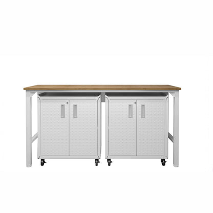 Garage Cabinet Sets with wood-top workbench and 2 white rolling storage cabinets with diamond-textured doors__White