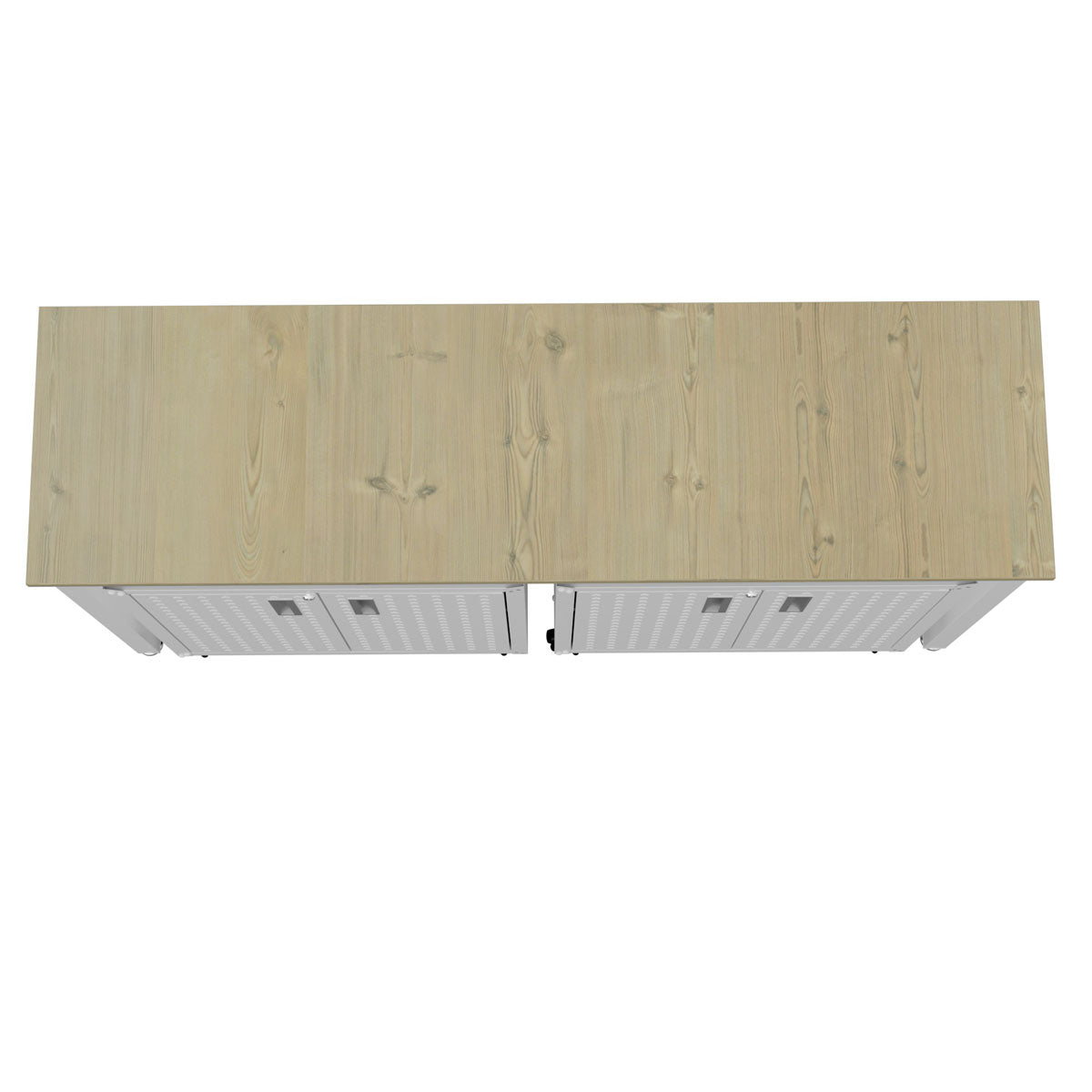 Garage Cabinet Sets with natural wood top surface, top-down view showing dual white metal storage units with drawer handles__White
