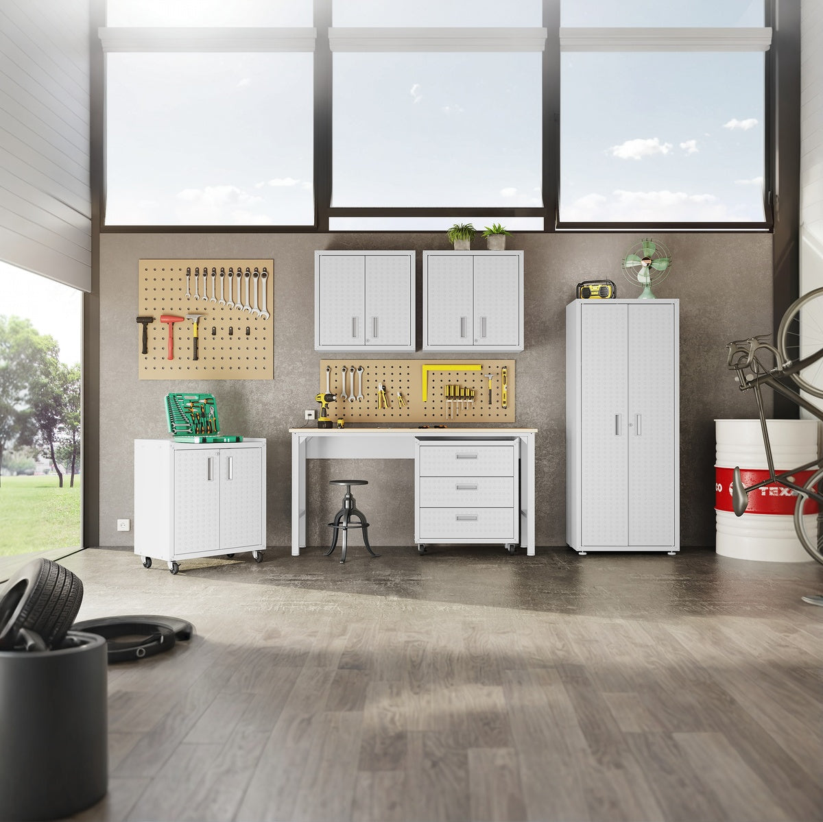 Garage Cabinet Sets with workbench, wall-mounted storage, and tall wardrobe unit in a bright, organized modern garage workshop__White